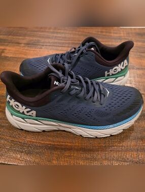 Hoka One One Clifton 7 Men's 11 Blue Green Running Shoes Sneakers 1110508 MOAN